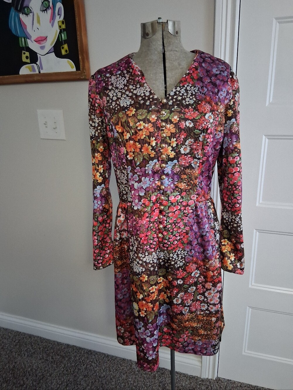 Vintage FLORAL Boho HIPPIE midi Dress Size MED